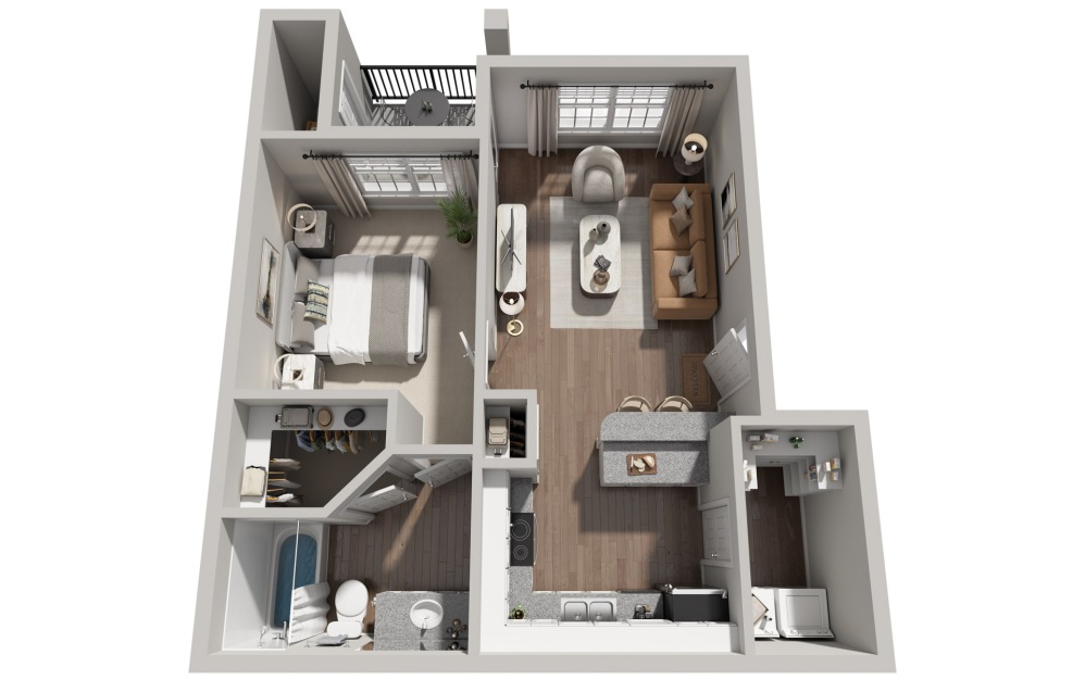 A1 - 1 bedroom floorplan layout with 1 bathroom and 659 square feet (3D)