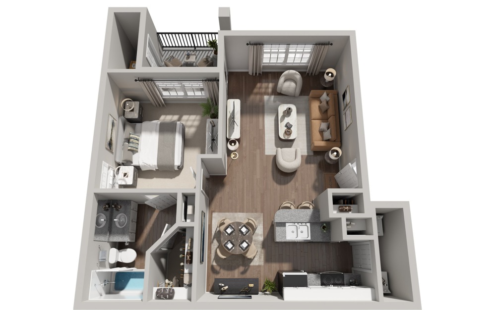 A2 - 1 bedroom floorplan layout with 1 bathroom and 734 square feet (3D)