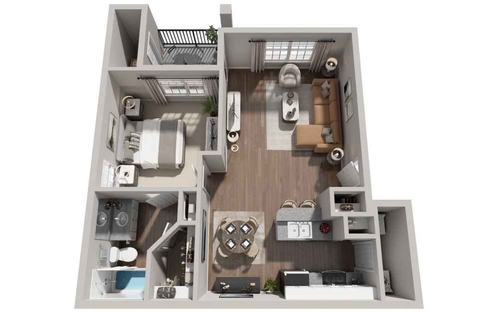 A3 - 1 bedroom floorplan layout with 1 bathroom and 745 square feet (3D)