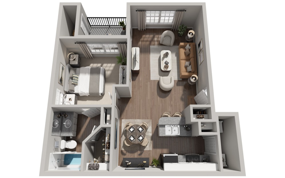A4 - 1 bedroom floorplan layout with 1 bathroom and 825 square feet (3D)