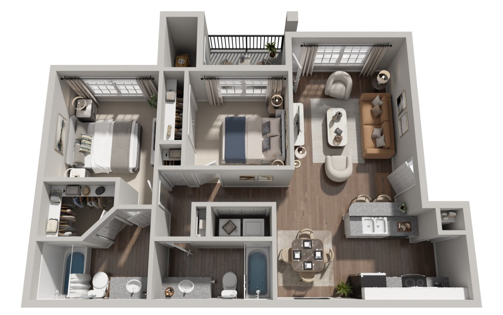 B1 - 2 bedroom floorplan layout with 2 bathrooms and 951 square feet (3D)