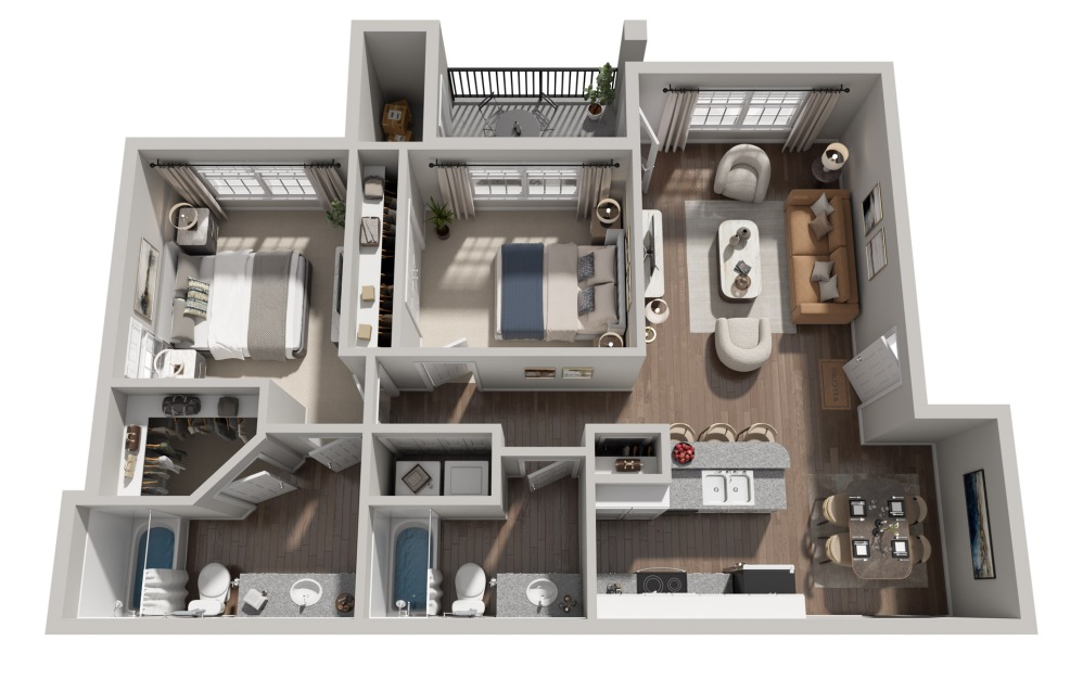 B2 - 2 bedroom floorplan layout with 2 bathrooms and 1005 square feet (3D)