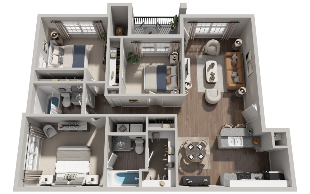 C1 - 3 bedroom floorplan layout with 2 bathrooms and 1202 square feet (3D)